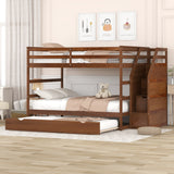 Full-over-Full Bunk Bed with Twin Size Trundle and 3 Storage Stairs,Walnut - Home Elegance USA