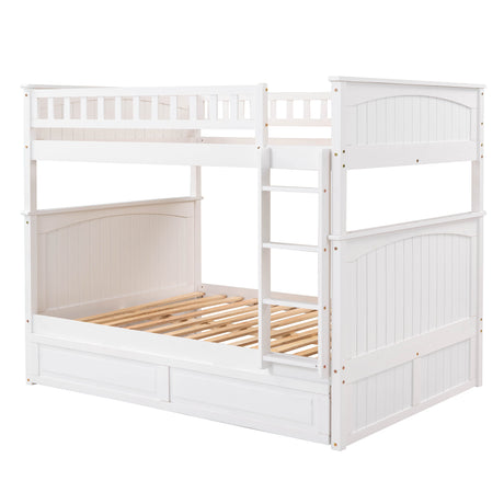 Full Over Full Bunk Bed with Twin Size Trundle, Pine Wood Bunk Bed with Guardrails, White （Old SKU:LP000044AAK）