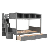 Twin over Full Bunk Bed with Shelfs, Storage Staircase and 2 Drawers, Gray - Home Elegance USA