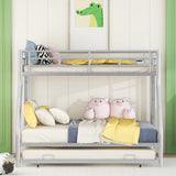 Twin over Full Bed with Sturdy Steel Frame, Bunk Bed with Twin Size Trundle, Two-Side Ladders, Silver