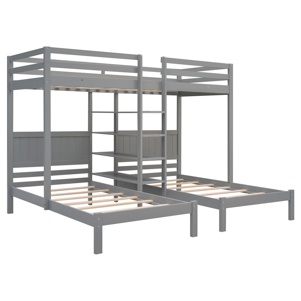 Twin XL over Twin&Twin Bunk Bed with Built-in Four Shelves and Ladder,Gray - Home Elegance USA