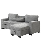 Stylish and Functional Light Chaise Lounge Sectional with Storage Rack Pull-out Bed Drop Down Table  and USB Charger Gray - Home Elegance USA