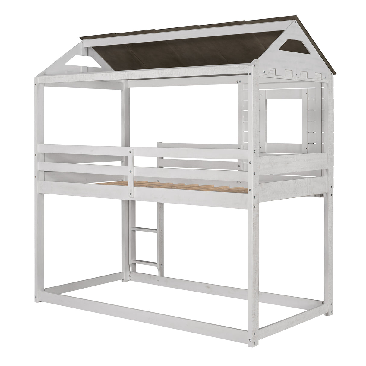 Twin Over Twin Bunk Bed Wood Loft Bed with Roof, Window, Guardrail, Ladder (Antique White)(old sku: LP000062AAM) - Home Elegance USA