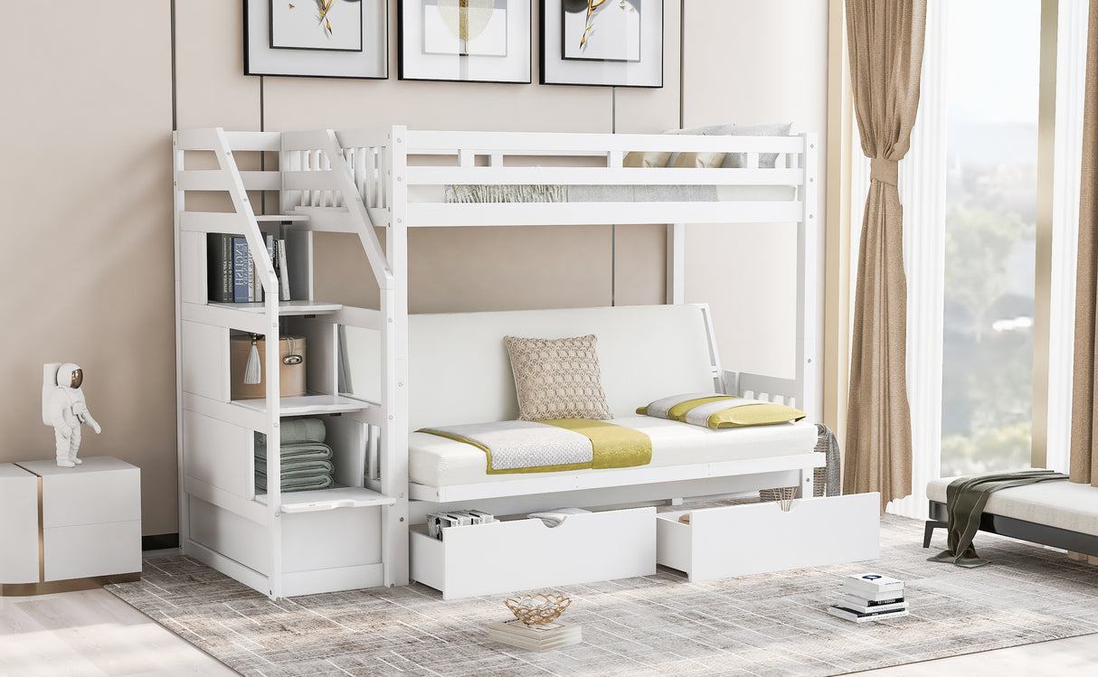 Twin over Full Bunk Bed with Two Drawers and Staircase, Down Bed can be Converted into Daybed,White - Home Elegance USA