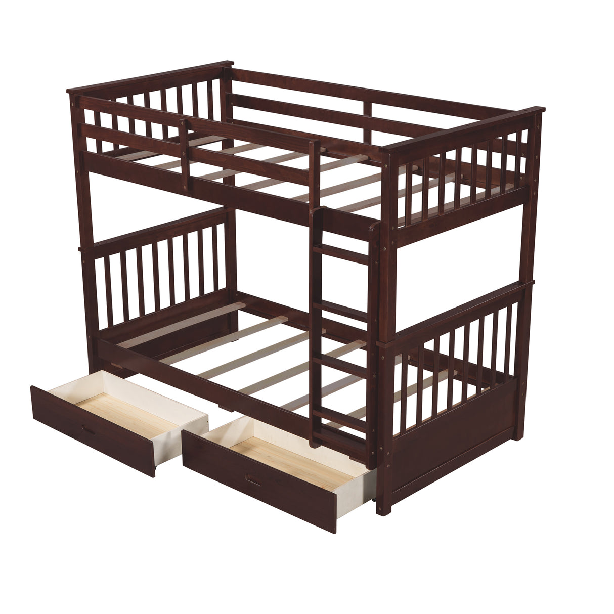 Twin-Over-Twin Bunk Bed with Ladders and Two Storage Drawers (Espresso) - Home Elegance USA