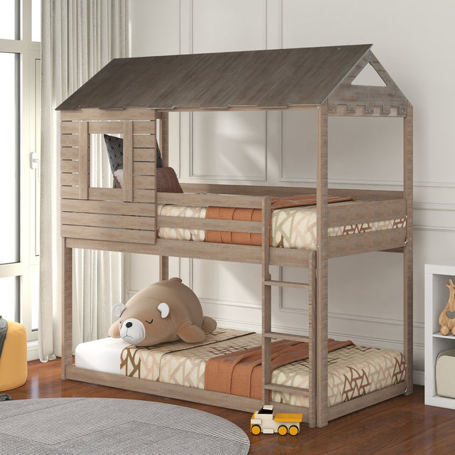 Twin Over Twin Bunk Bed Wood Loft Bed with Roof, Window, Guardrail, Ladder (Antique Gray) (OLD SKU :LP000062AAN) - Home Elegance USA