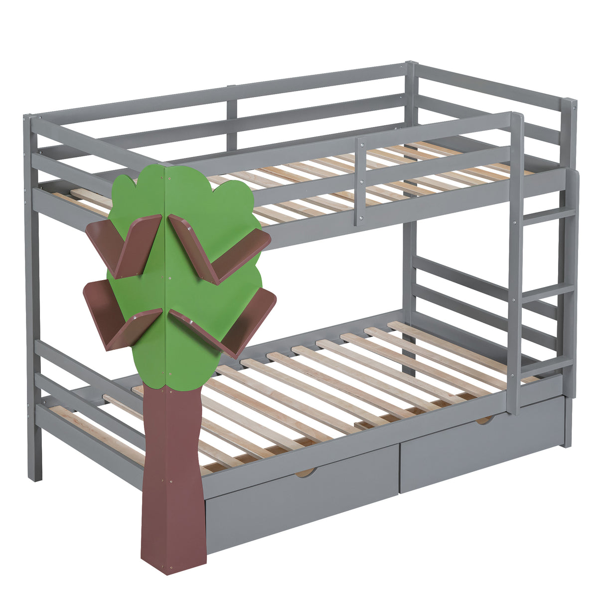 Twin-Over-Twin Bunk Bed with  a Tree Decor and Two Storage Drawers, Gray - Home Elegance USA