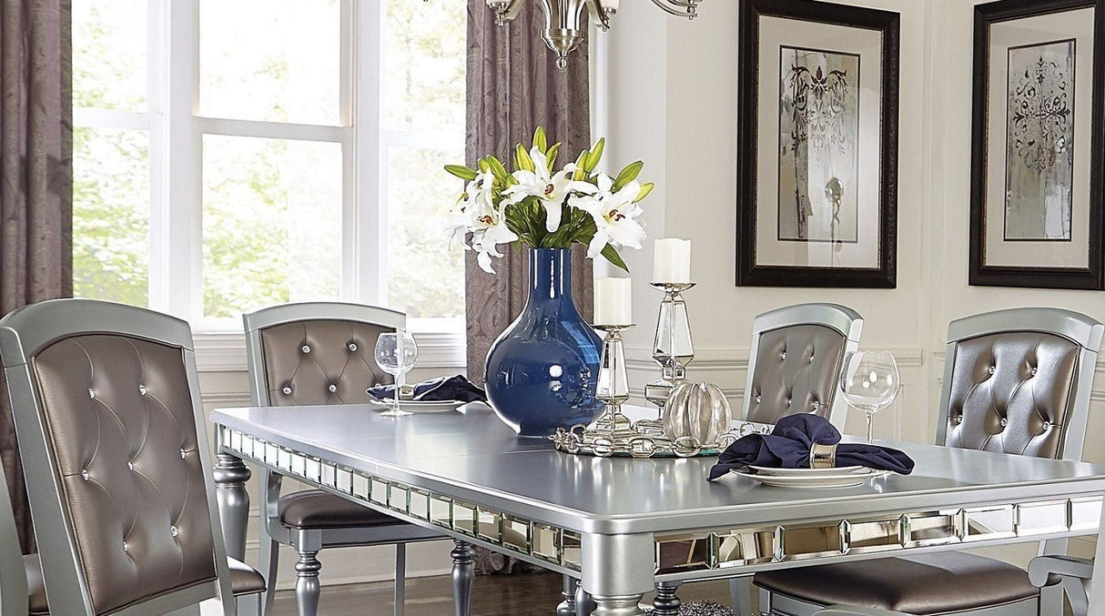 Glamorous Silver Finish Dining Set 5pc Dining Table 4x Side Chairs Crystal Button Tufted Upholstered Modern Style Furniture - Home Elegance USA