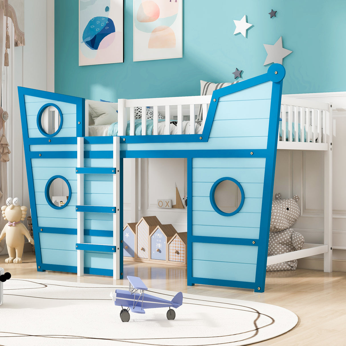 Full Size Boat Shape Loft Bed with Ladder-Blue - Home Elegance USA