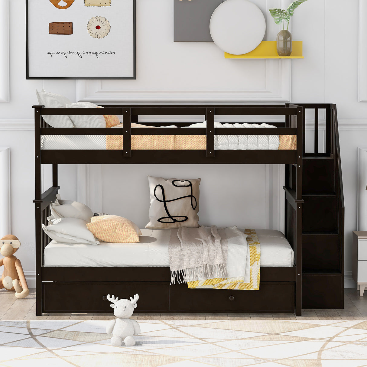 Stairway Full-Over-Full Bunk Bed with Twin size Trundle, Storage and Guard Rail for Bedroom, Dorm - Espresso(OLD SKU :LP001210AAP) - Home Elegance USA