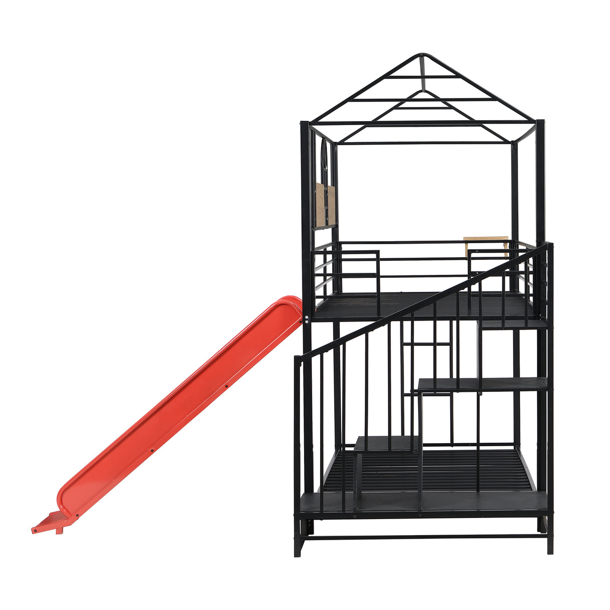 Twin Over Twin Metal Bunk Bed ,Metal Housebed with Slide and Storage Stair,Black with Red Slide(OLD SKU:LP000195AAJ) - Home Elegance USA