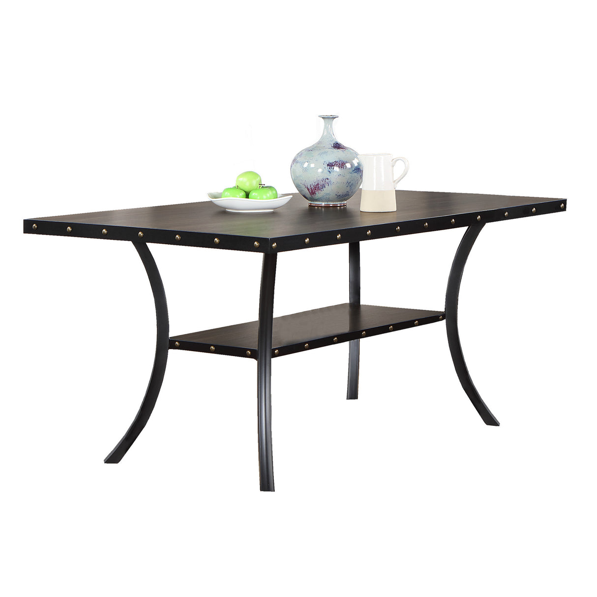 Modern Classic Dining Room Furniture Natural Wooden Rectangle Top Dining Table 6x Side Chairs Gray Fabric Nail heads Trim and Storage Shelve 7pc Dining Set - Home Elegance USA