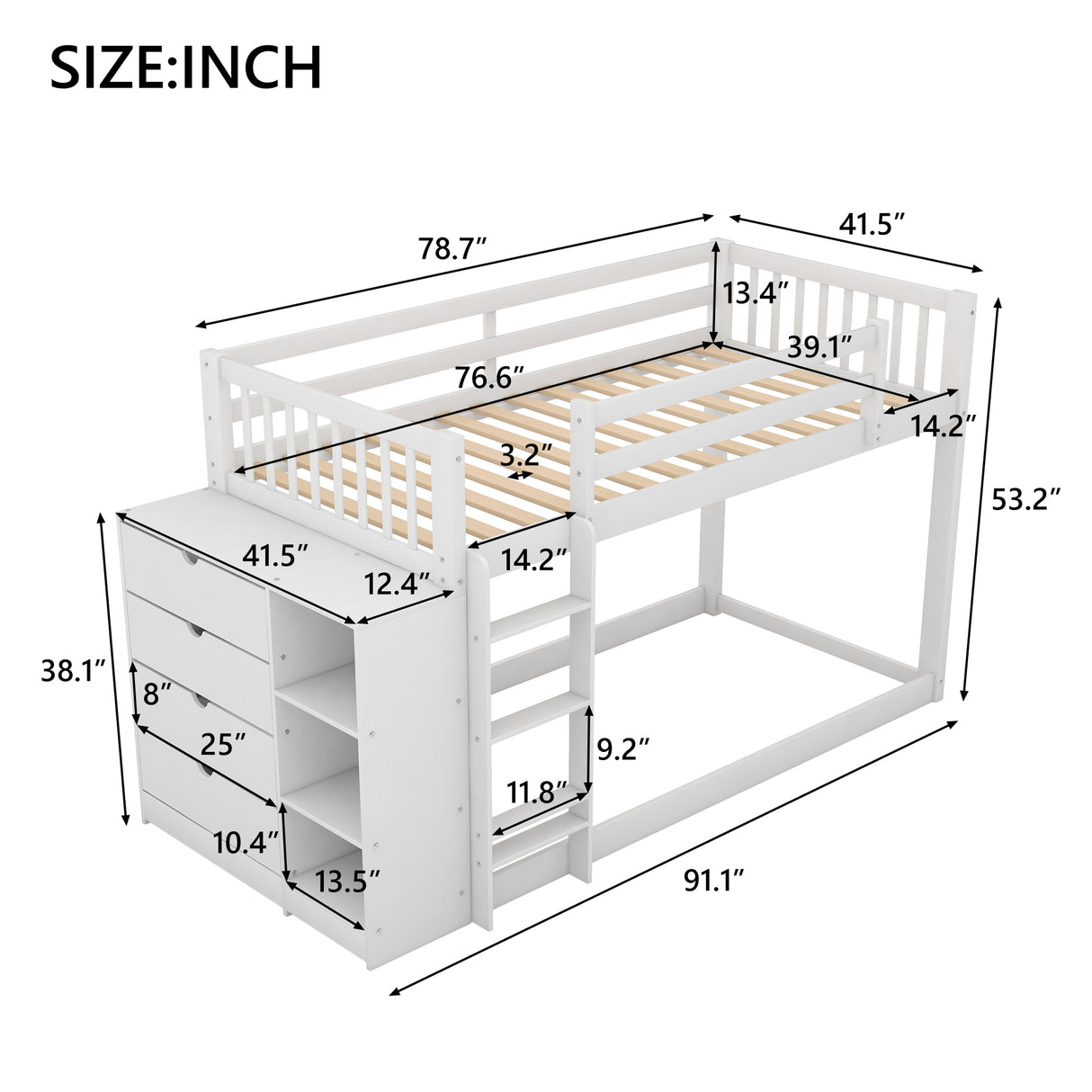 Twin over Twin Bunk Bed with Attached Cabinet and Shelves Storage,White (OLD SKU:GX000513AAK) - Home Elegance USA