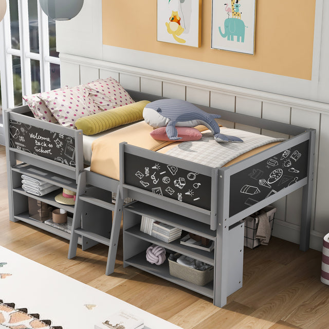 Twin Size Low Loft Bed with Two Movable Shelves and Ladder,with Decorative Guardrail Chalkboard,Gray - Home Elegance USA