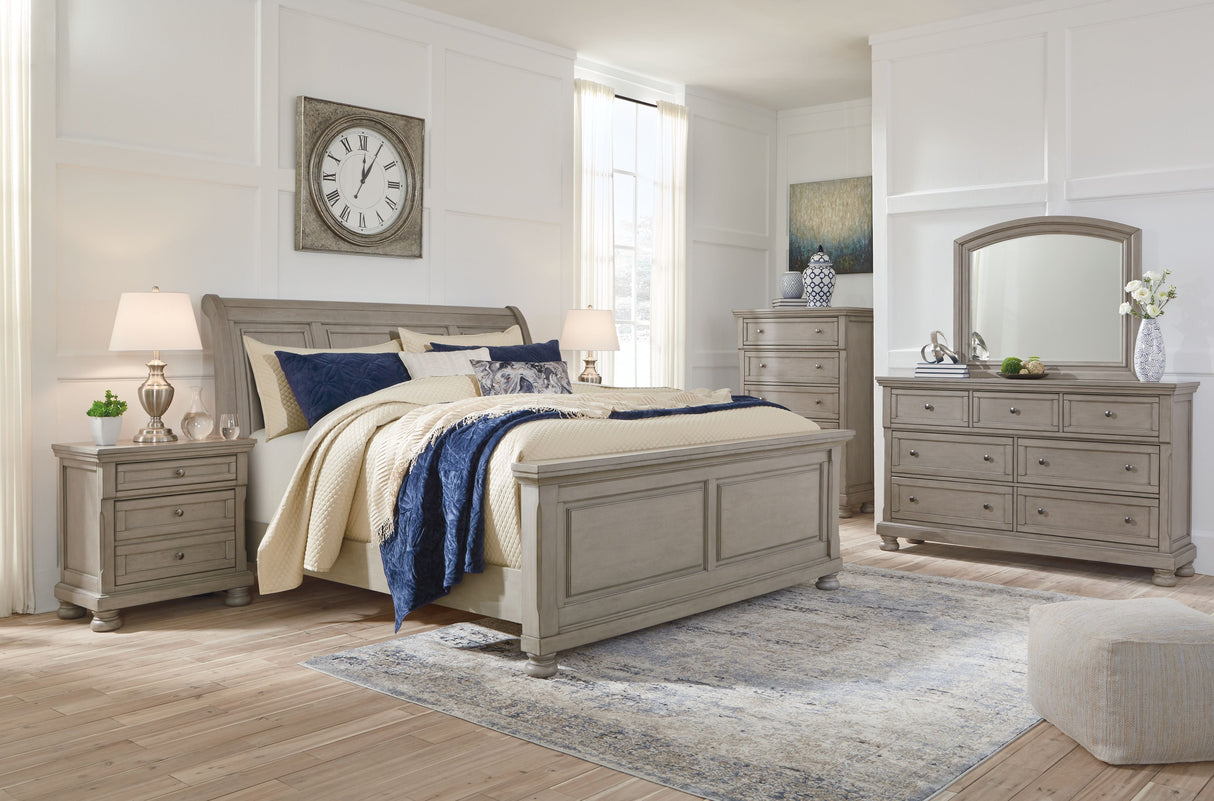 Lettner - Light Gray - King Sleigh Bed - 7 Pc. - Dresser, Mirror, King Bed, 2 Nightstands - Home Elegance USA