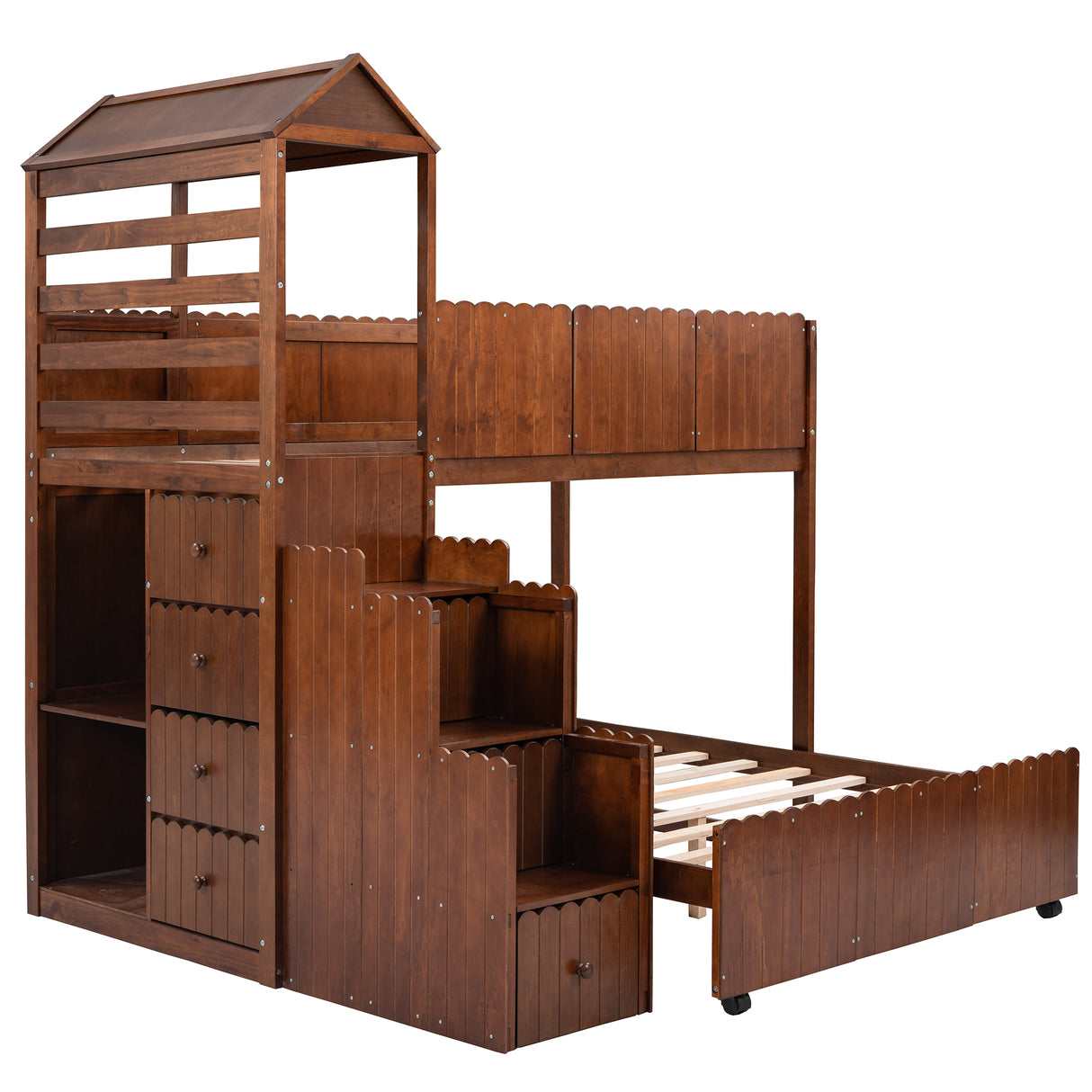 Stairway Twin Over Full Bunk Bed, House Bed with Two Shelves and Seven Drawers,Walnut - Home Elegance USA