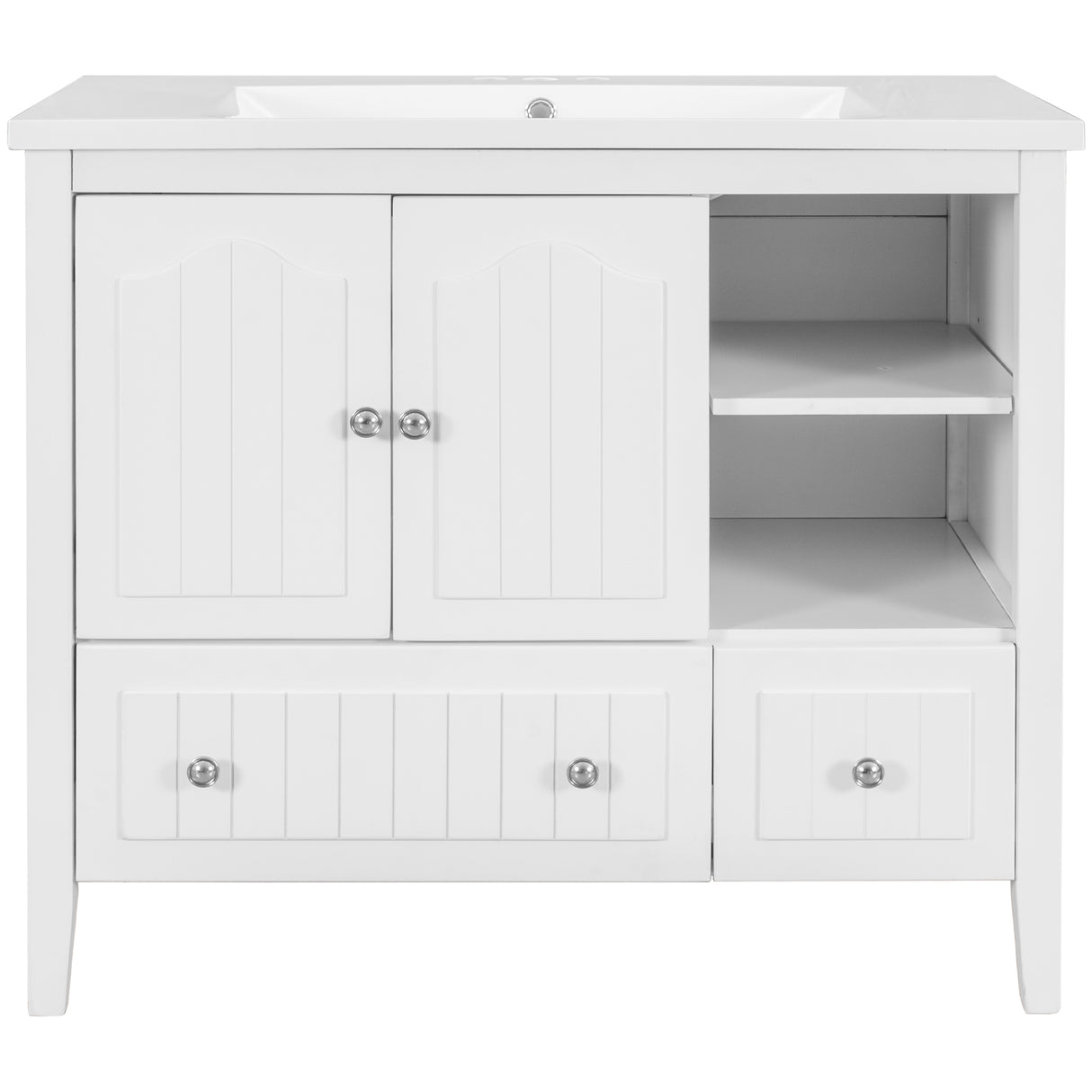 [VIDEO] 36" Bathroom Vanity with Ceramic Basin, Bathroom Storage Cabinet with Two Doors and Drawers, Solid Frame, Metal Handles, White