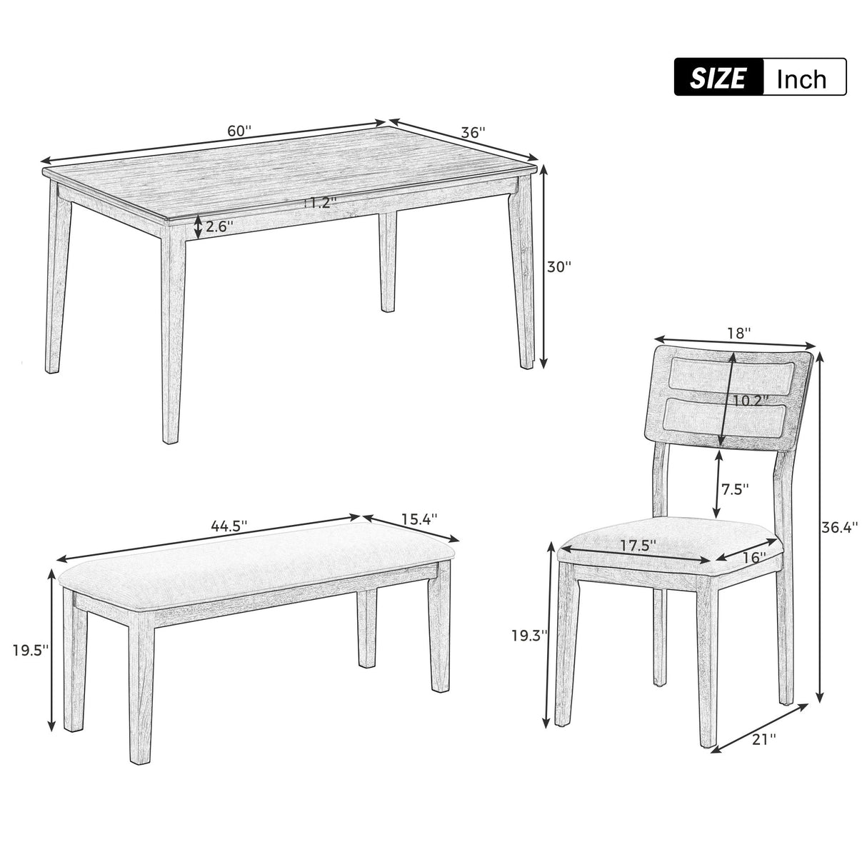 TREXM Classic and Traditional Style 6 - Piece Dining Set, Includes Dining Table, 4 Upholstered Chairs & Bench (White+Gray) - Home Elegance USA