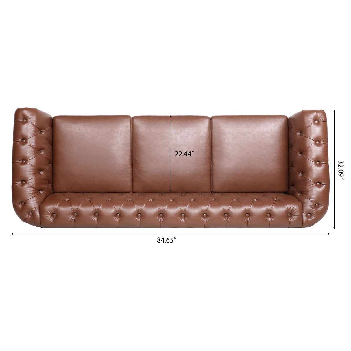 84.65"BROWN PU Rolled Arm Chesterfield Three Seater Sofa. | Home Elegance USA