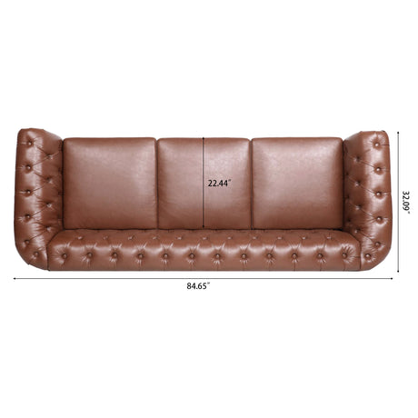 84.65"BROWN PU Rolled Arm Chesterfield Three Seater Sofa. - W68035343 - image - 11