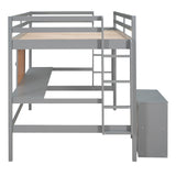 Full size Loft Bed with Desk and Writing Board, Wooden Loft Bed with Desk & 2 Drawers Cabinet- Gray - Home Elegance USA