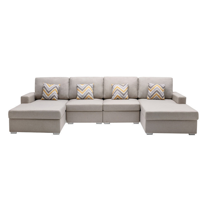 Nolan Beige Linen Fabric 4Pc Double Chaise Sectional Sofa with Pillows and Interchangeable Legs - Home Elegance USA