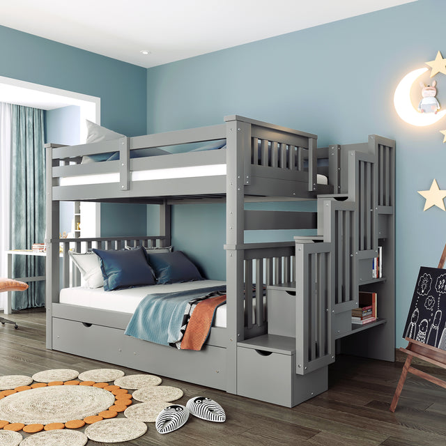 Full Over Full Bunk Bed with Shelves and 6 Storage Drawers, Gray(Old SKU：LP000046AAE) - Home Elegance USA