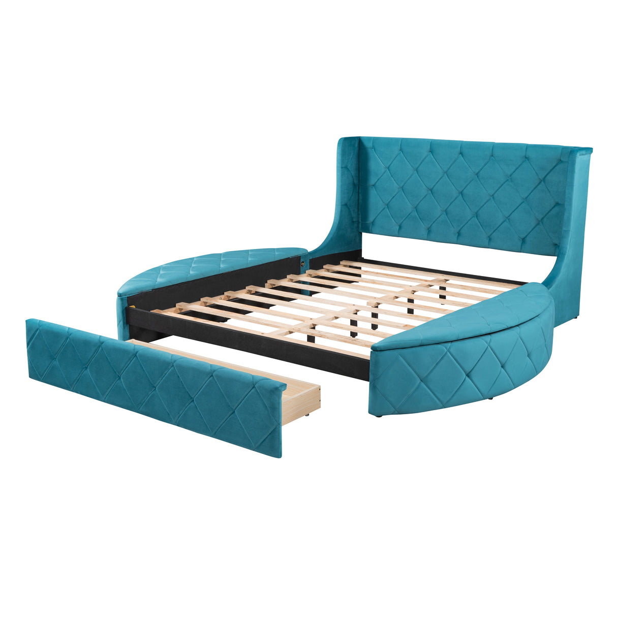 Upholstered Platform Bed Queen Size Storage Velvet Bed with Wingback Headboard and 1 Big Drawer,2 Side Storage Stool(Blue) - Home Elegance USA