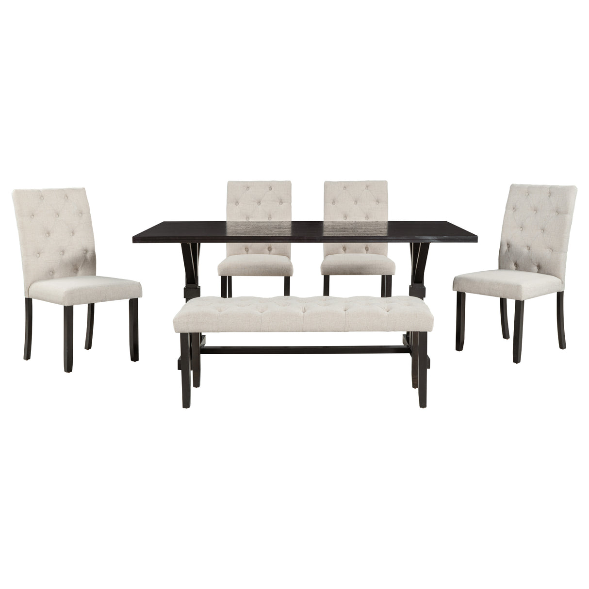 TREXM 6-Piece Farmhouse Dining Table Set 72" Wood Rectangular Table, 4 Upholstered Chairs with Bench (Espresso) - Home Elegance USA