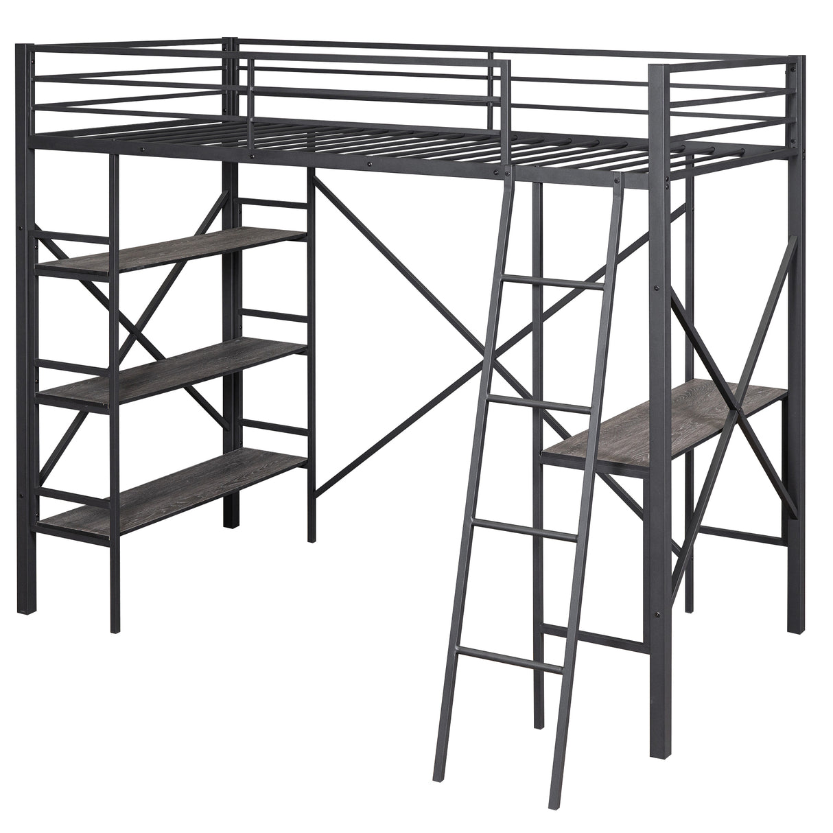 Twin Size Metal Loft Bed with Shelves and Desk, Black (Old SKU:SM001102AAB) - Home Elegance USA