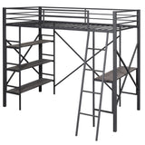 Twin Size Metal Loft Bed with Shelves and Desk, Black (Old SKU:SM001102AAB) - Home Elegance USA