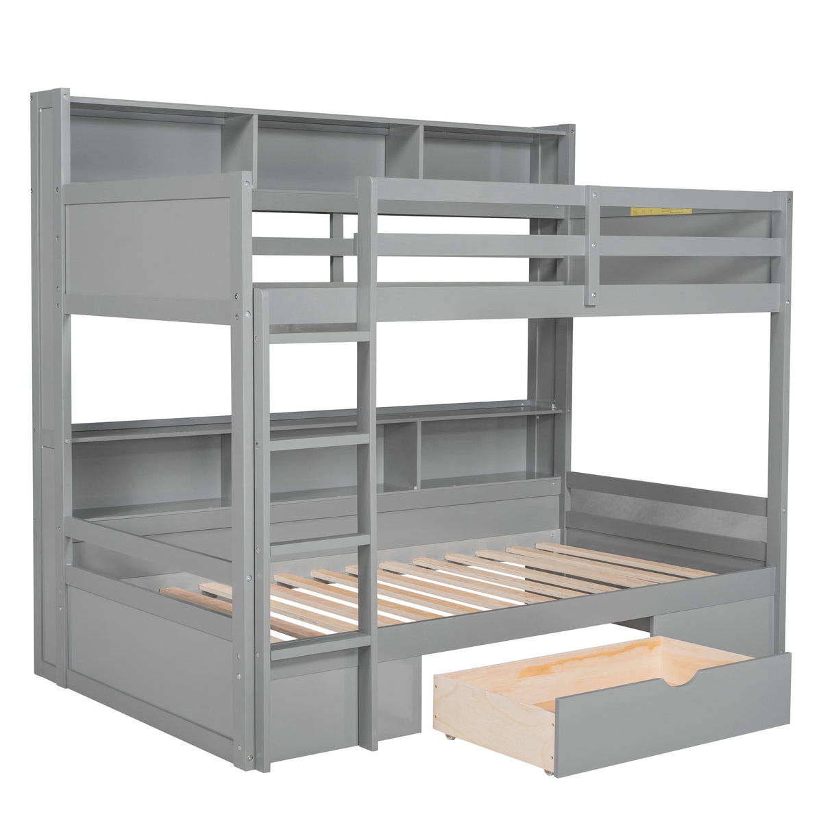 Twin Size Bunk Bed with Built-in Shelves Beside both Upper and Down Bed and Storage Drawer,Gray - Home Elegance USA