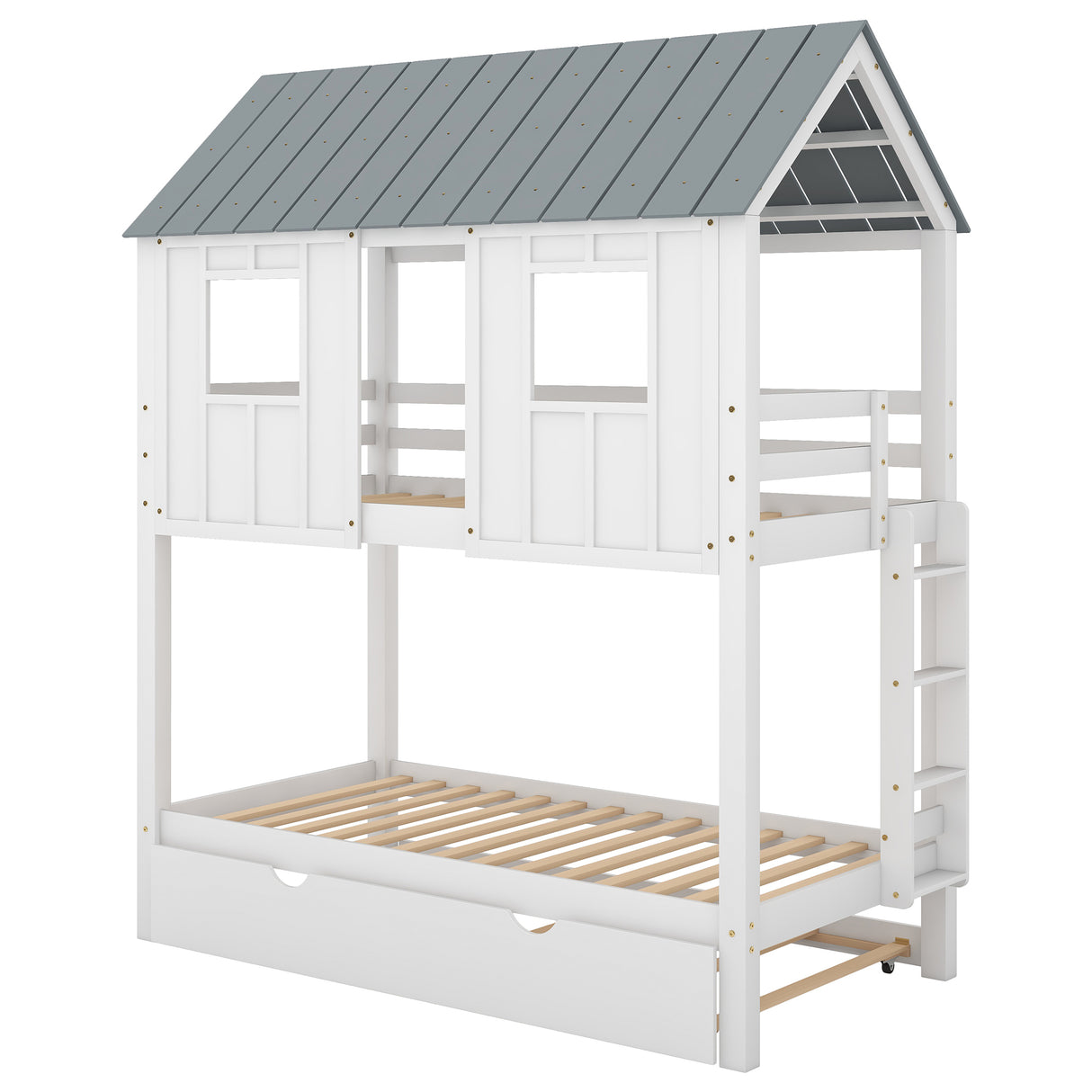 House Bunk Bed with Trundle,Roof and Windows,White(OLD SKU:GX000705AAK) - Home Elegance USA