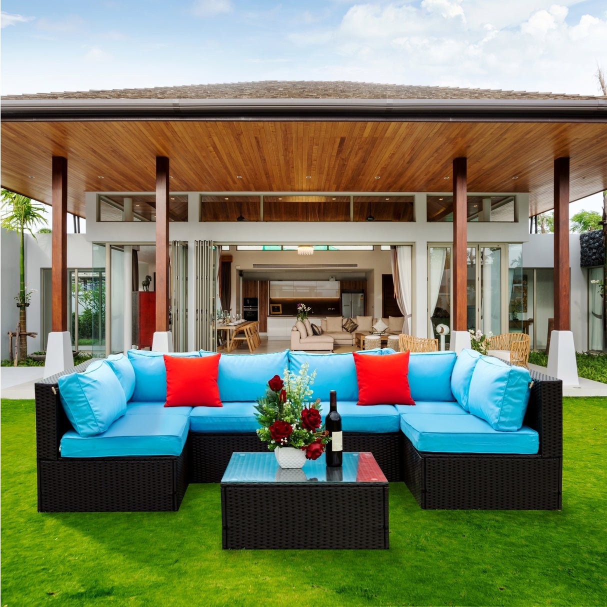 5 Pieces PE Rattan sectional Outdoor Furniture Cushioned U Sofa set with 2 Pillow - W329S00014 - image - 3