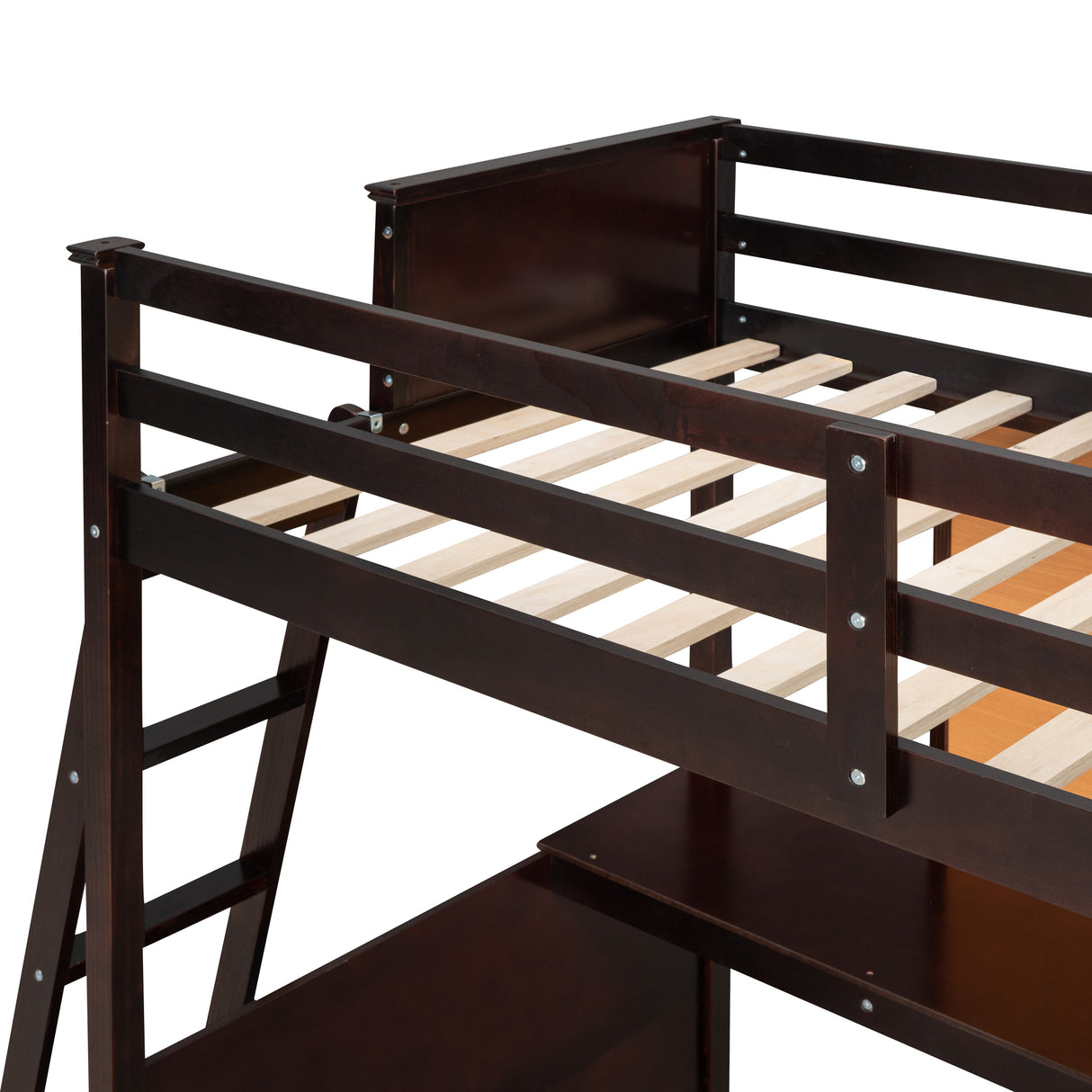 Twin size Loft Bed with Desk and Writing Board, Wooden Loft Bed with Desk - Espresso - Home Elegance USA