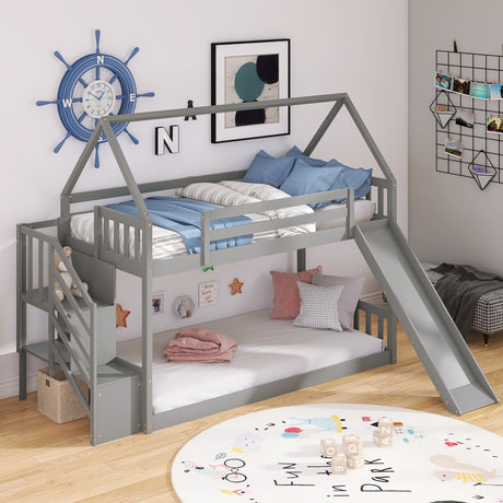 Twin over Twin House Bunk Bed with Slide and Storage Staircase,Grey - Home Elegance USA