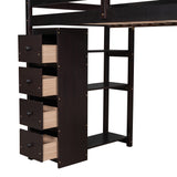 Twin size Loft Bed with Storage Drawers ,Desk and Stairs, Wooden Loft Bed with Shelves - Espresso - Home Elegance USA