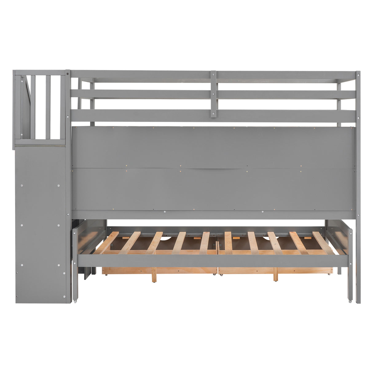 Twin XL over Full Bunk Bed with Built-in Storage Shelves, Drawers and Staircase,Gray - Home Elegance USA