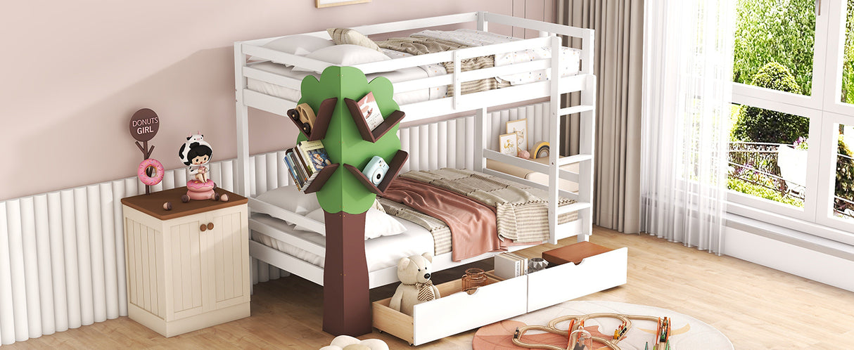 Twin-Over-Twin Bunk Bed with  a Tree Decor and Two Storage Drawers, White - Home Elegance USA