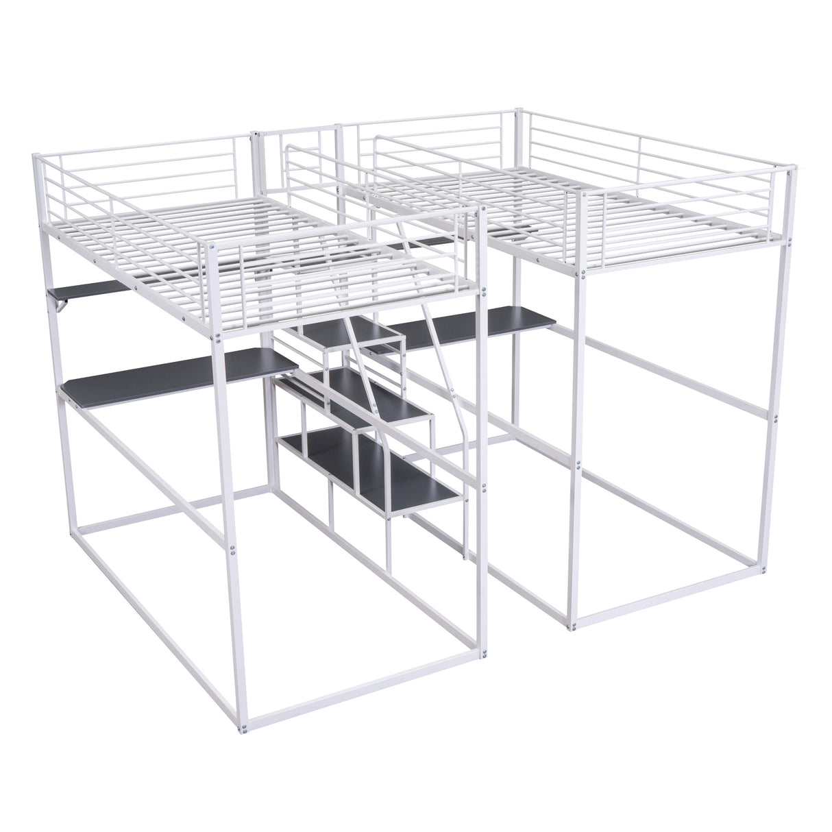 Double Twin over Twin Metal Bunk Bed with Desk, Shelves and Storage Staircase, White - Home Elegance USA
