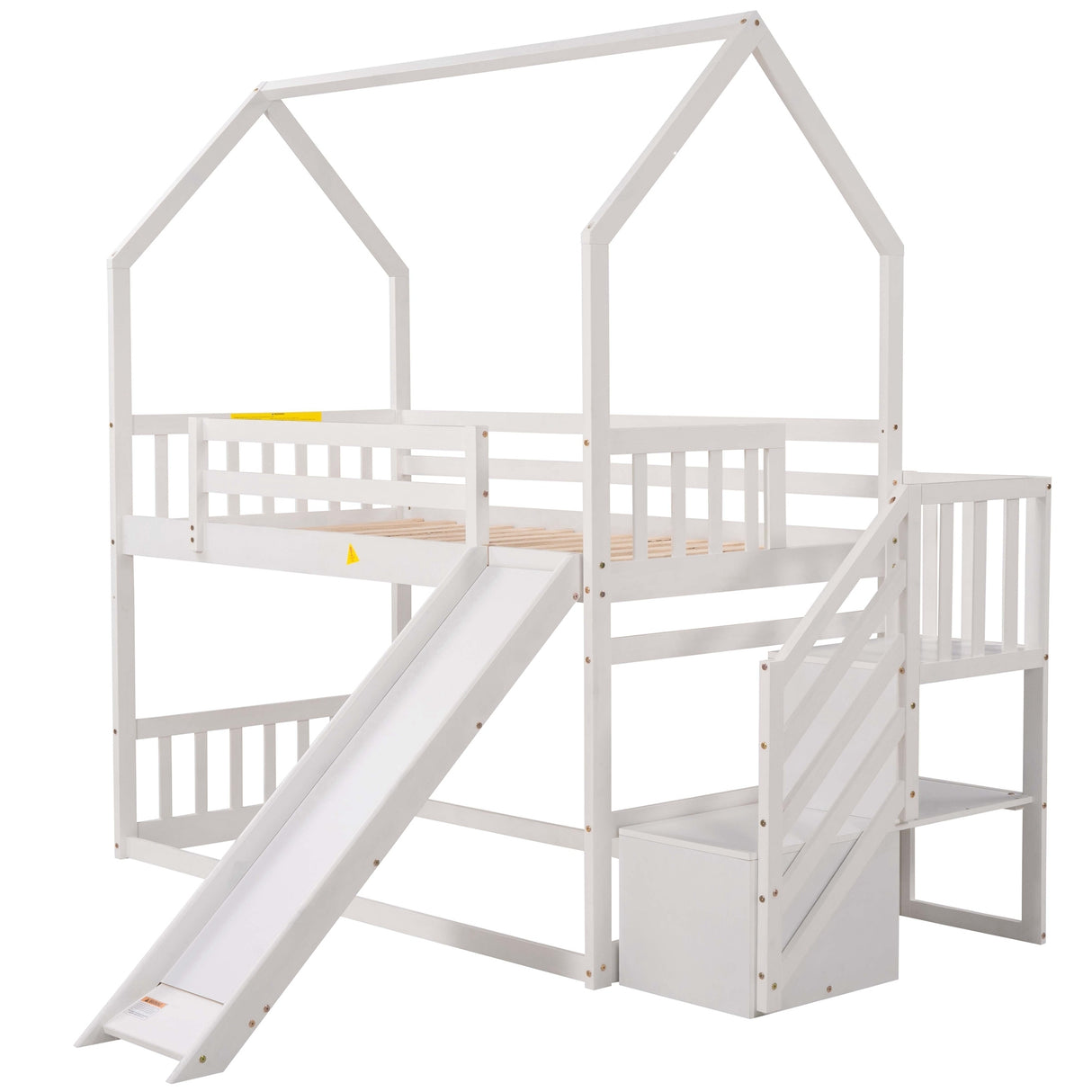 Twin over Twin House Bunk Bed with Convertible Slide,Storage Staircase,White - Home Elegance USA