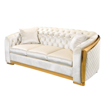 Velvet Luxury Chesterfield Sofa Set, 84 Inches Tufted 3 Seat Couch with Gold Stainless for Living Room, Beige Fabric - Home Elegance USA