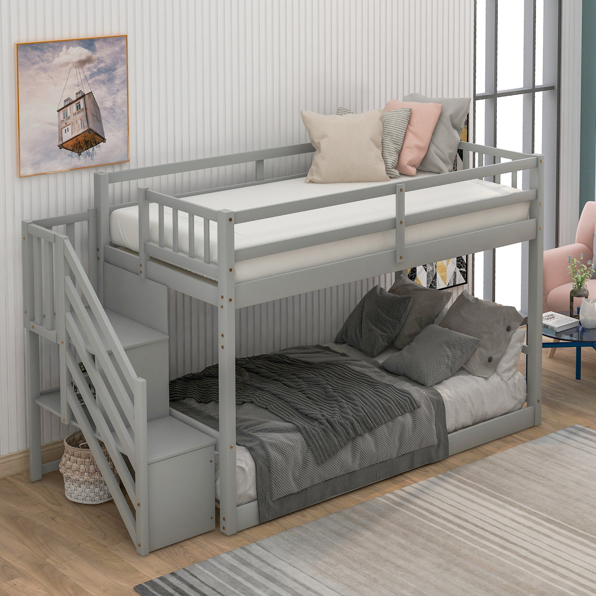 Twin over Twin Floor Bunk Bed, Ladder with Storage, Gray - Home Elegance USA