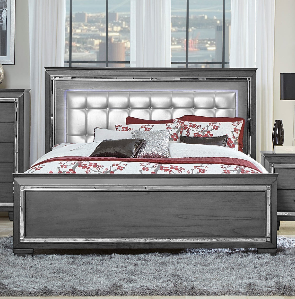 Glamourous Style 1pc Queen Bed Button-Tufted Upholstered LED Headboard Gray Finish Modern Beautiful Bedroom Furniture - Home Elegance USA