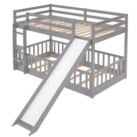 Twin Over Twin Bunk Bed with Slide and Ladder, Gray（Old SKU:LP000009AAE） - Home Elegance USA