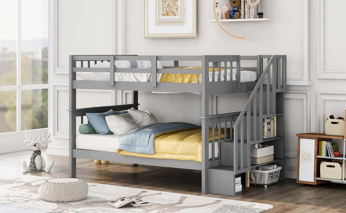 Stairway Full-Over-Full Bunk Bed with Storage and Guard Rail for Bedroom, Dorm, Gray(OLD SKU:LP000110AAE) - Home Elegance USA