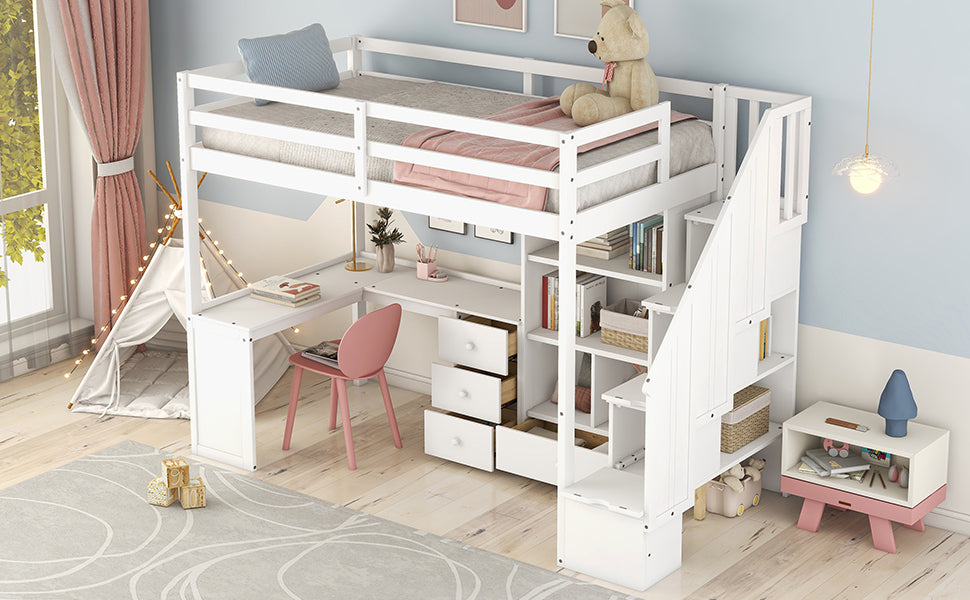 Twin Size Loft Bed with L-Shaped Desk and Drawers, Cabinet and Storage Staircase, White - Home Elegance USA