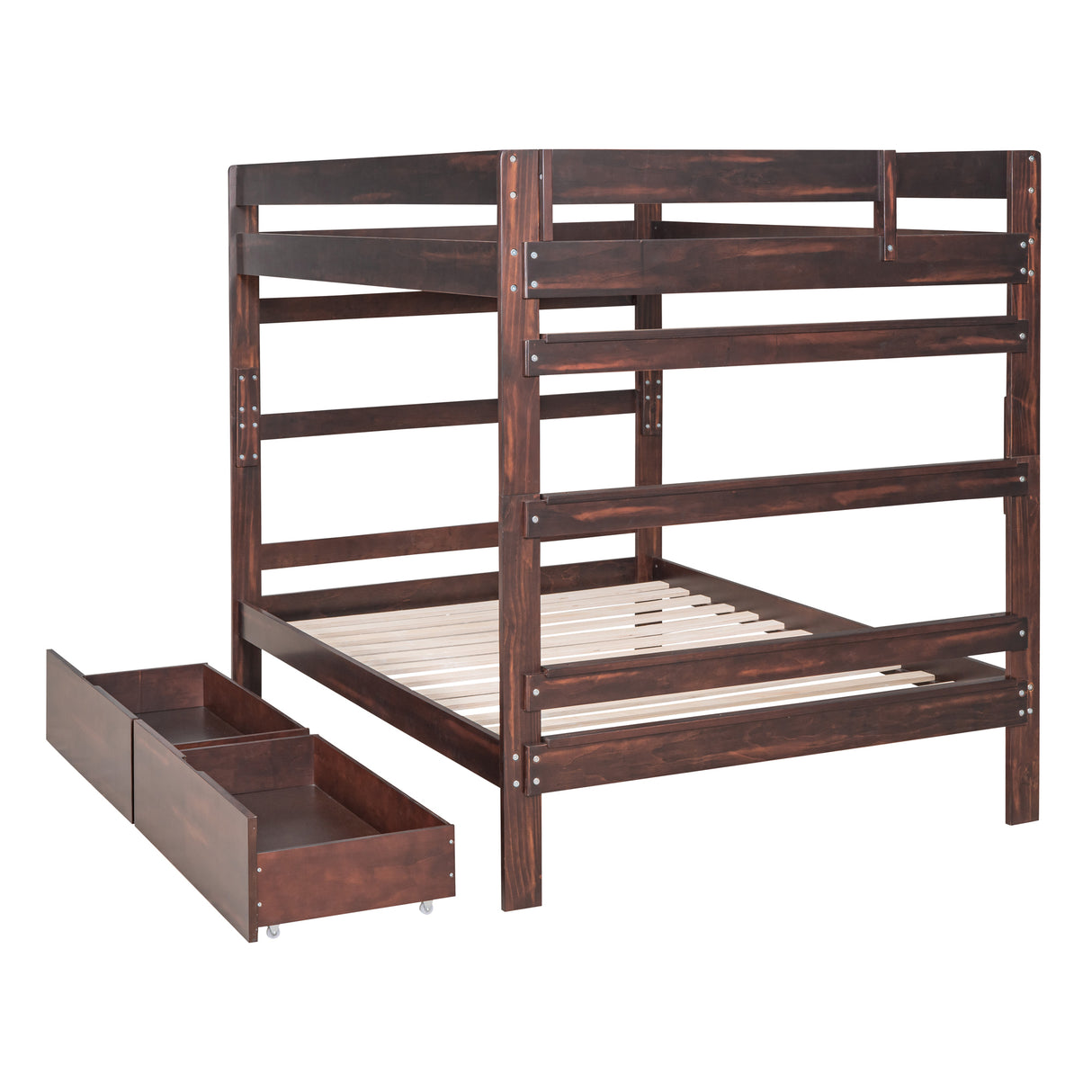 Full over Full Wood Bunk Bed with 2 Drawers, Espresso - Home Elegance USA