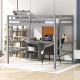 Full size Loft Bed with Desk and Writing Board, Wooden Loft Bed with Desk & 2 Drawers Cabinet- Gray - Home Elegance USA