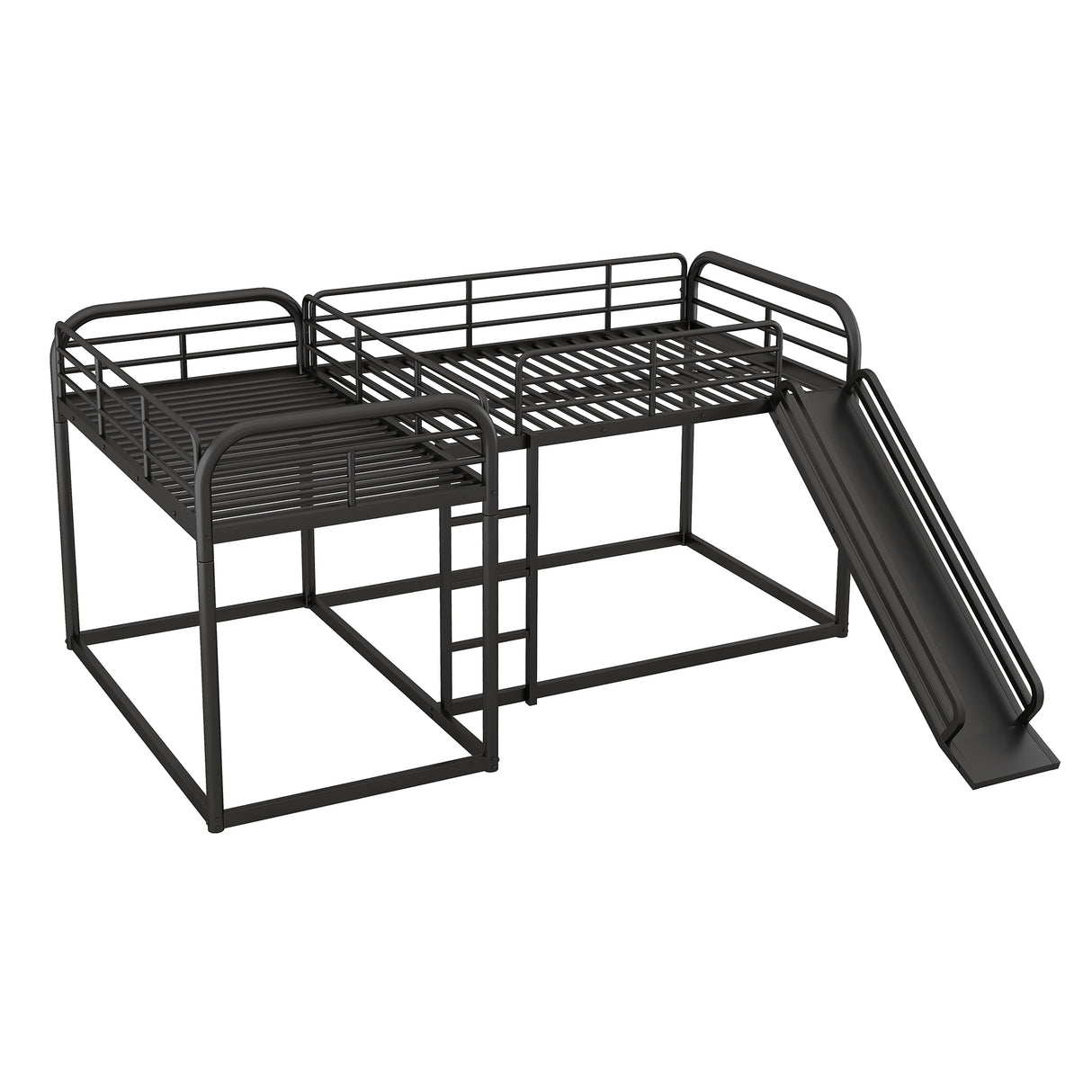 Full and Twin Size L-Shaped Bunk Bed with Slide and Short Ladder, Black - Home Elegance USA